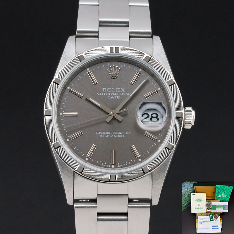 Rolex Oyster Perpetual Date, 15210, 34mm, 1996, Steel, Grey dial, Fullset, 1y warranty