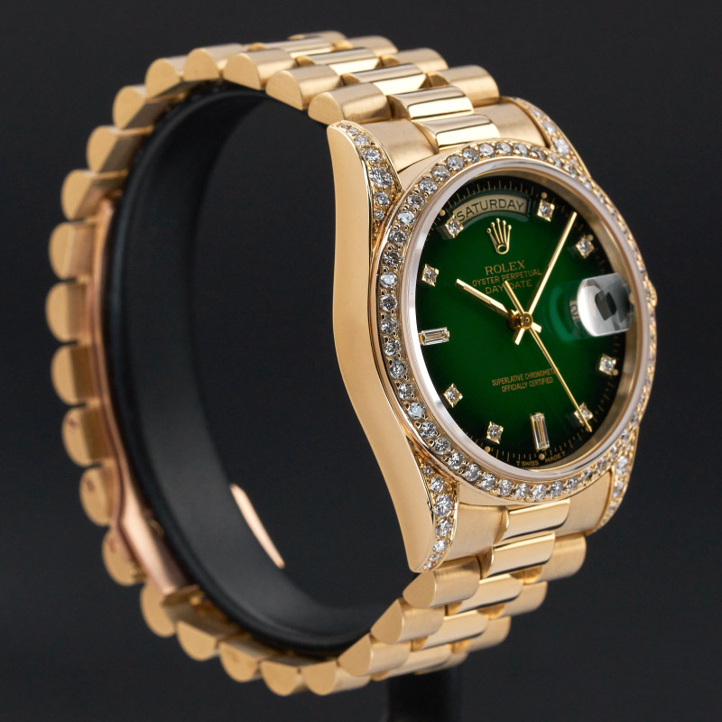 Rolex Day Date, 18338, 36mm, 1991, Yellow gold, Green Vignette Small Diamond dial, Fullset, 1y warranty