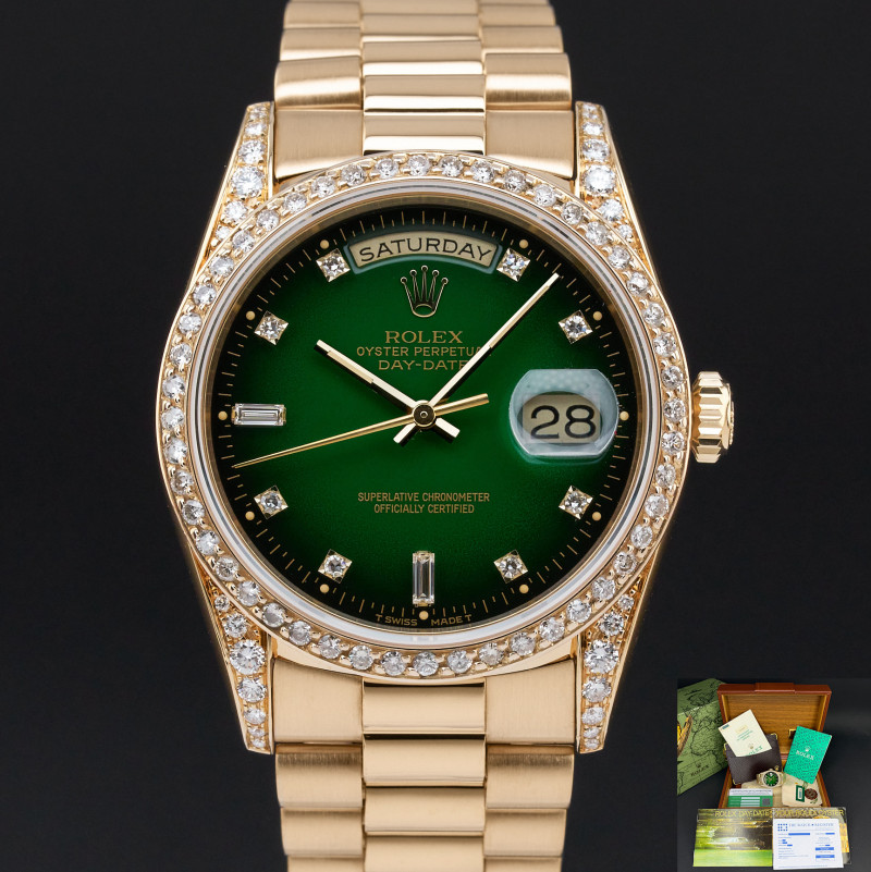 Rolex Day Date, 18338, 36mm, 1991, Yellow gold, Green Vignette Small Diamond dial, Fullset, 1y warranty
