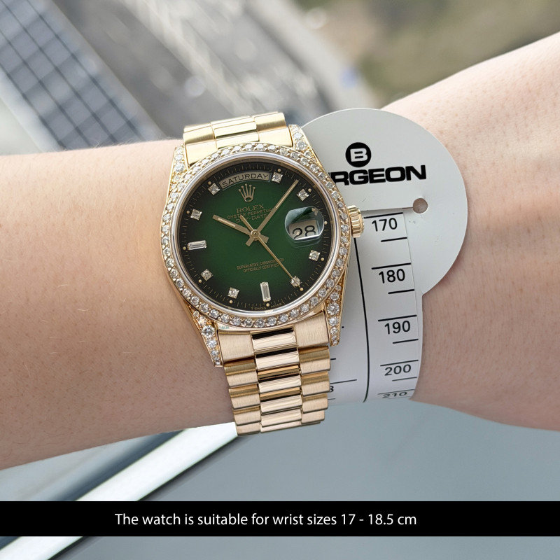 Rolex Day Date, 18338, 36mm, 1991, Yellow gold, Green Vignette Small Diamond dial, Fullset, 1y warranty