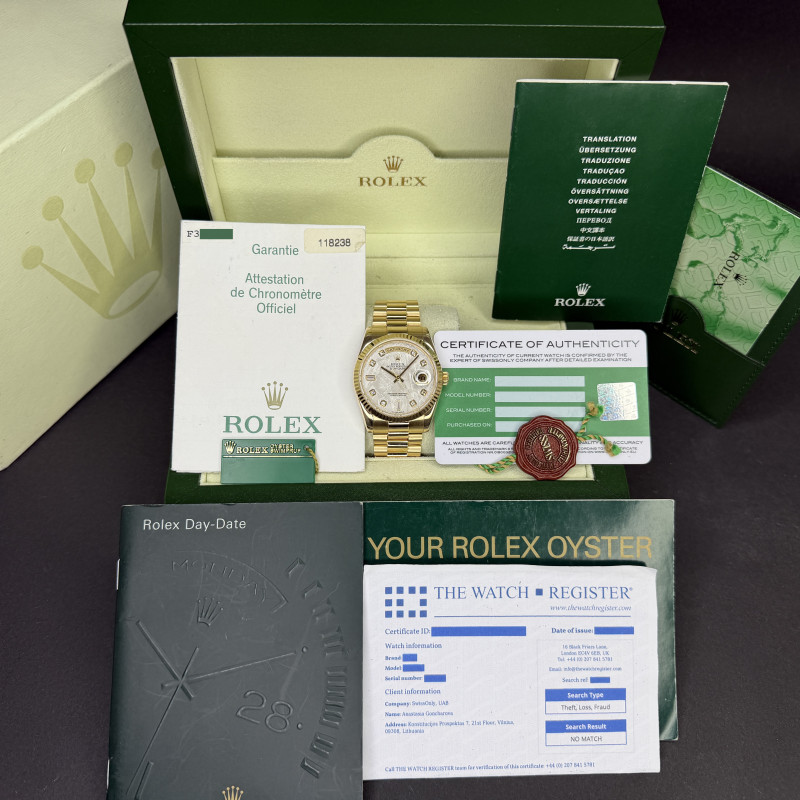 Rolex Day Date President, 118238, 36mm, 2004, Yellow gold, Meteorite Diamond dial, Fullset, 1y warranty