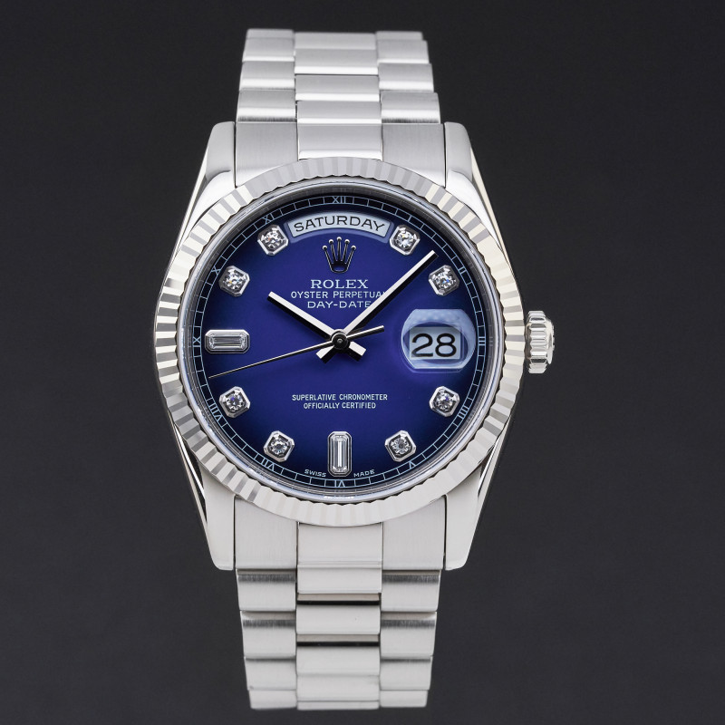 Rolex Day Date President, 118239, 36mm, 2001, White gold, Blue Vignette Big Diamond dial, Fullset, 1y warranty