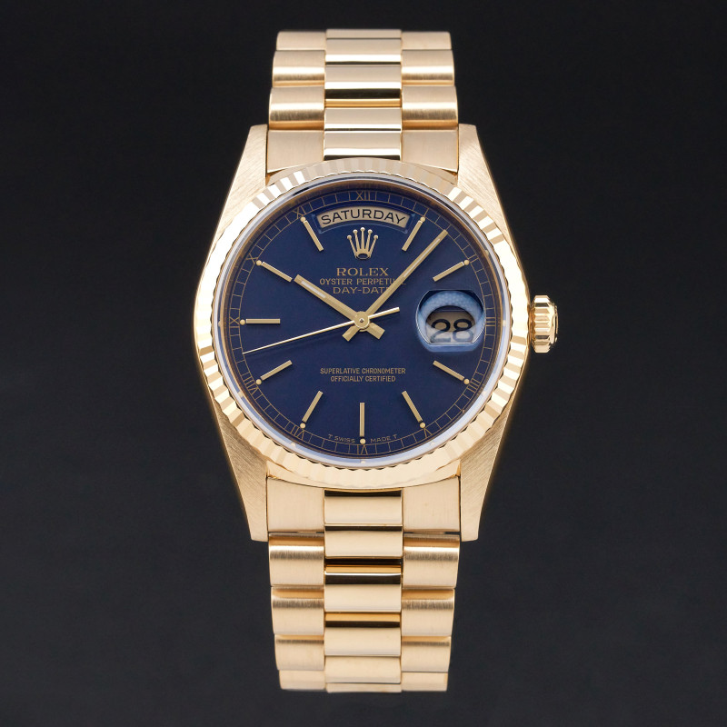 Rolex Day Date President, 18238, 36mm, 1991, Yellow gold, Blue dial, Fullset, Official warranty