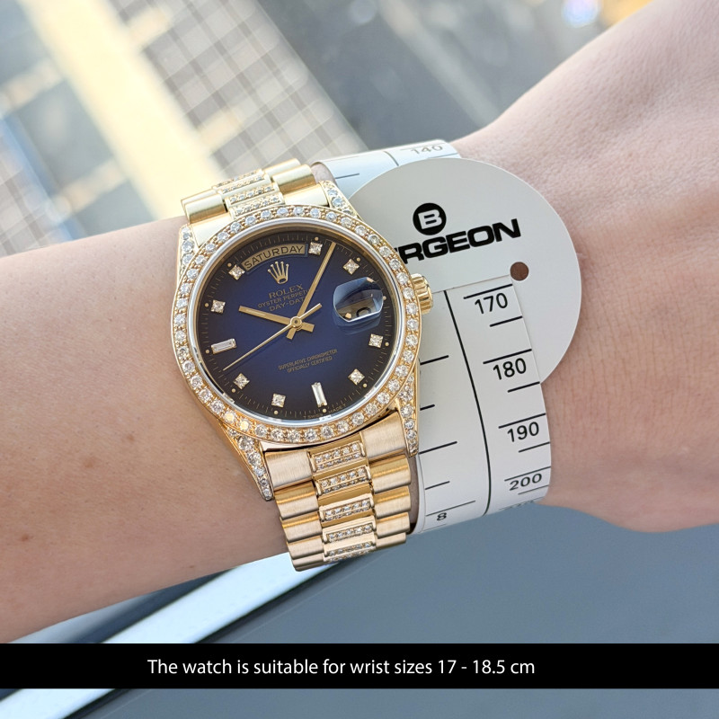 Rolex Day Date President, 18238, 36mm, 1991, Yellow gold, Blue Vignette Small Diamond dial, Fullset, 1y warranty