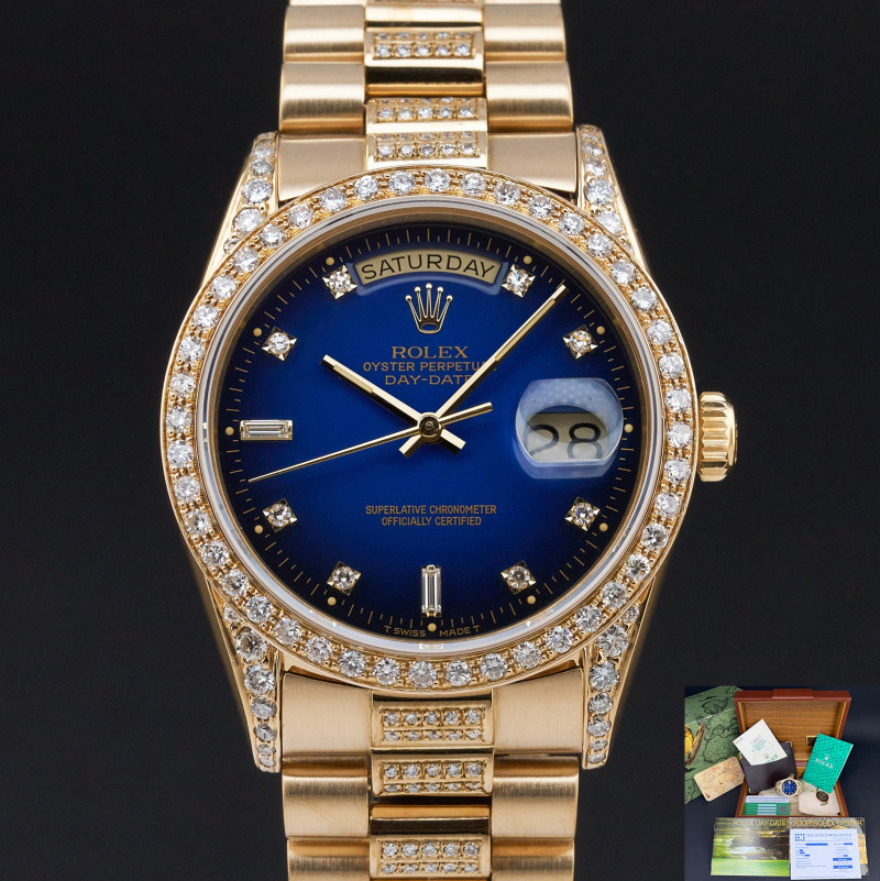 Rolex Day Date President, 18238, 36mm, 1991, Yellow gold, Blue Vignette Small Diamond dial, Fullset, 1y warranty