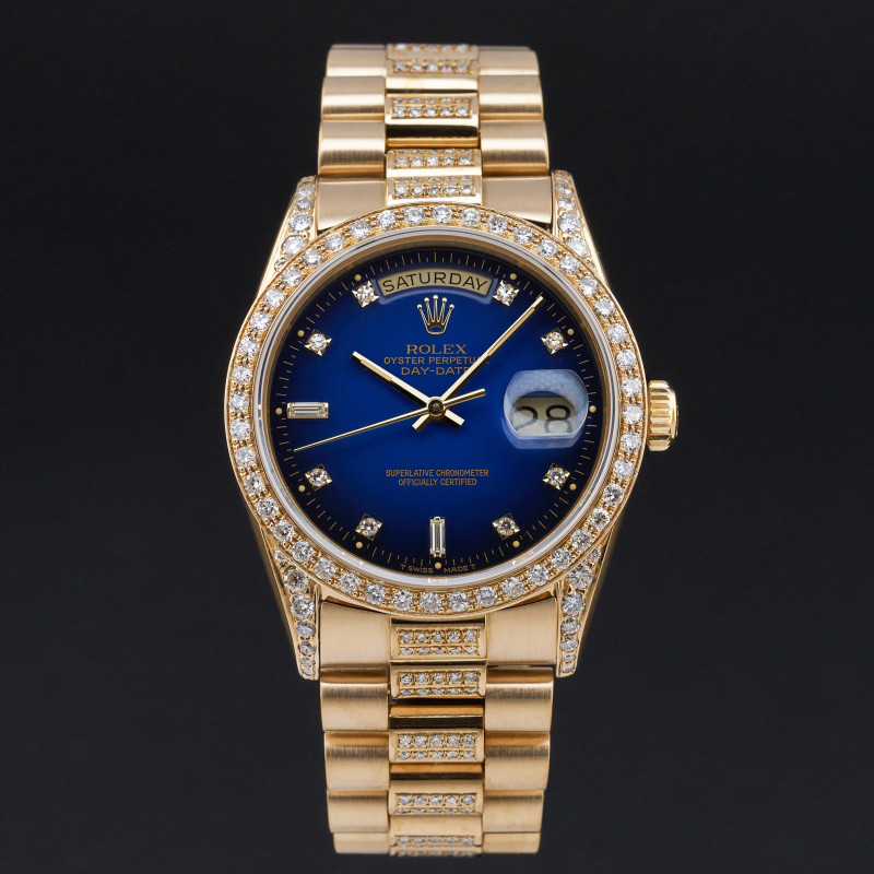 Rolex Day Date President, 18238, 36mm, 1991, Yellow gold, Blue Vignette Small Diamond dial, Fullset, 1y warranty