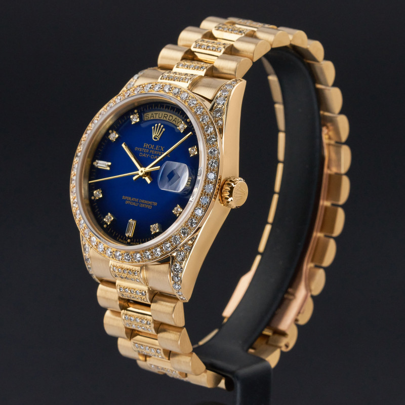 Rolex Day Date President, 18238, 36mm, 1991, Yellow gold, Blue Vignette Small Diamond dial, Fullset, 1y warranty