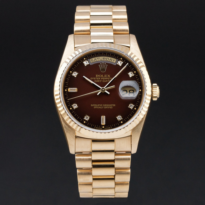Rolex Day Date President, 18238, 36mm, 1991, Yellow gold, Brown Vignette Small Diamond dial, Fullset, 1y warrant