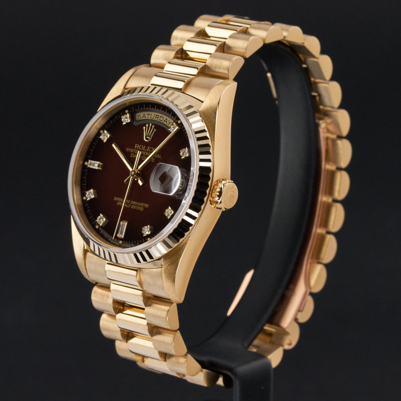 Rolex Day Date President, 18238, 36mm, 1991, Yellow gold, Brown Vignette Small Diamond dial, Fullset, 1y warrant