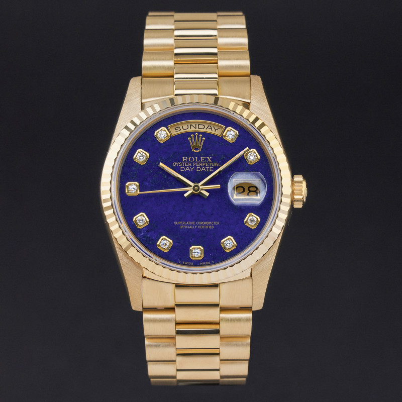 Rolex Day Date President, 18238, 36mm, 1991, Yellow gold, Lapis Lazuli Diamond dial, Fullset, 1y warranty