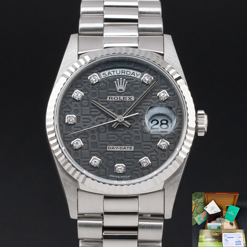 Rolex Day Date President, 18239, 36mm, 1999, White gold, Grey Jubilee Big Diamond dial, Fullset, 1y warranty