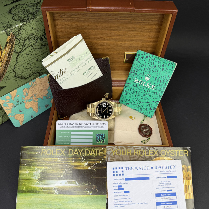Rolex Day Date President, 18248, 36mm, 1999, Yellow gold, Black Big Diamond dial, Fullset, 1y warranty