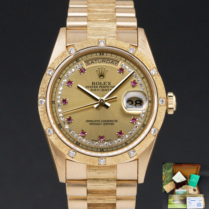 Rolex Day Date President, 18308, 36mm, 1991, Yellow gold, Champagne Ruby Diamond dial, Fullset, 1y warranty