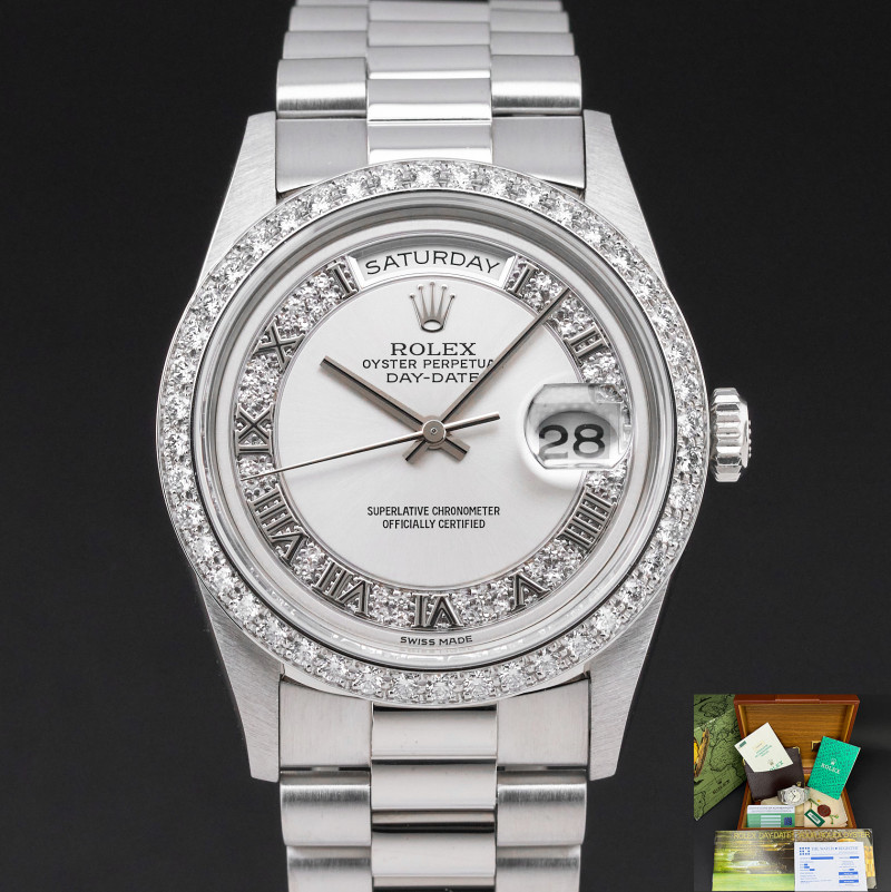 Rolex Day Date President, 18346, 36mm, 1993, Platinum, Silver Myriad Diamond Roman dial, Fullset, 1y warranty