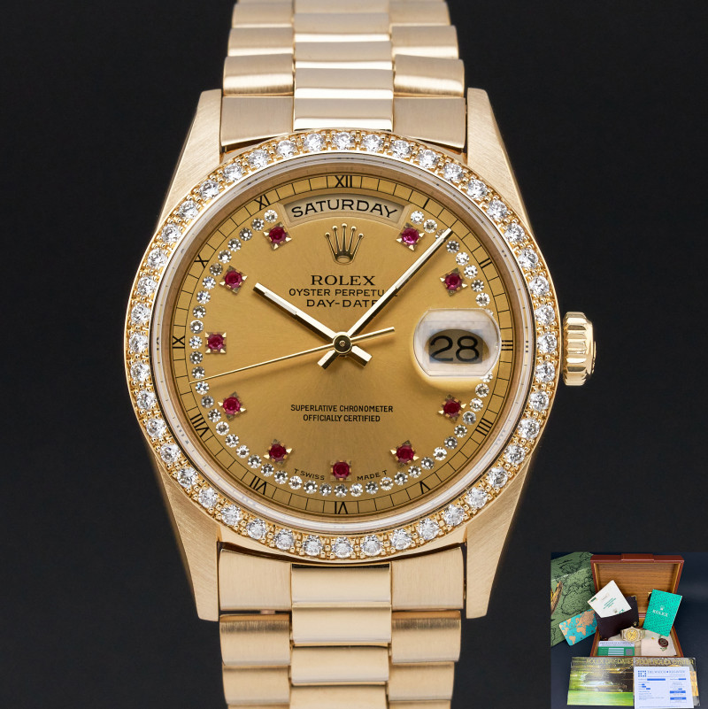 Rolex Day Date President, 18348, 36mm, 1995, Yellow gold, Champagne Ruby Diamond dial, Fullset, 1y warranty