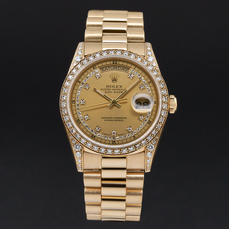 Rolex Day Date President, 18388, 36mm, 1991, Yellow gold, Champagne String Diamond dial, Fullset, 1y warranty