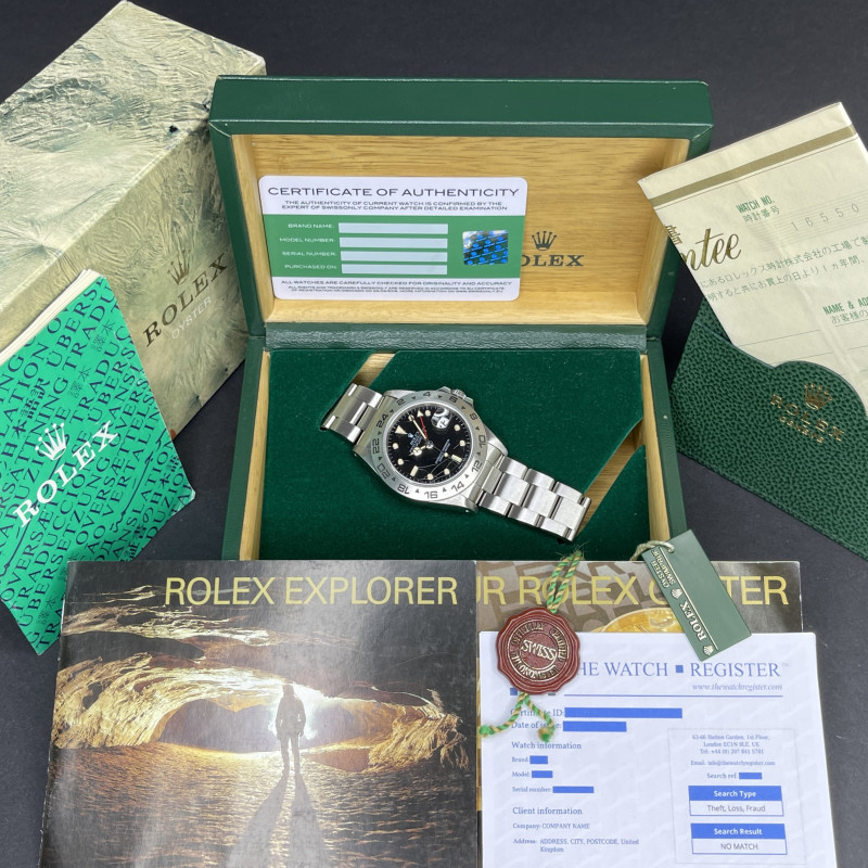 Rolex Explorer II, 40mm, 1984, 1y warranty, Fullset, ref. 16550, Steel, Rail Spider Black dial, Serviced