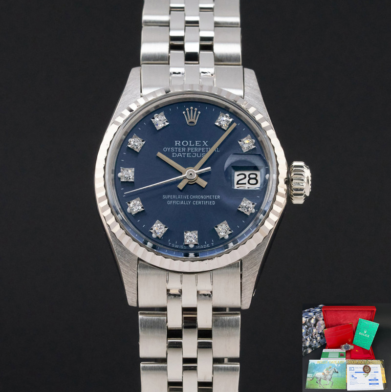 Rolex Lady Datejust, 6517, 25mm, 1971, White gold, Blue Small Diamond dial, Box, 1y warranty