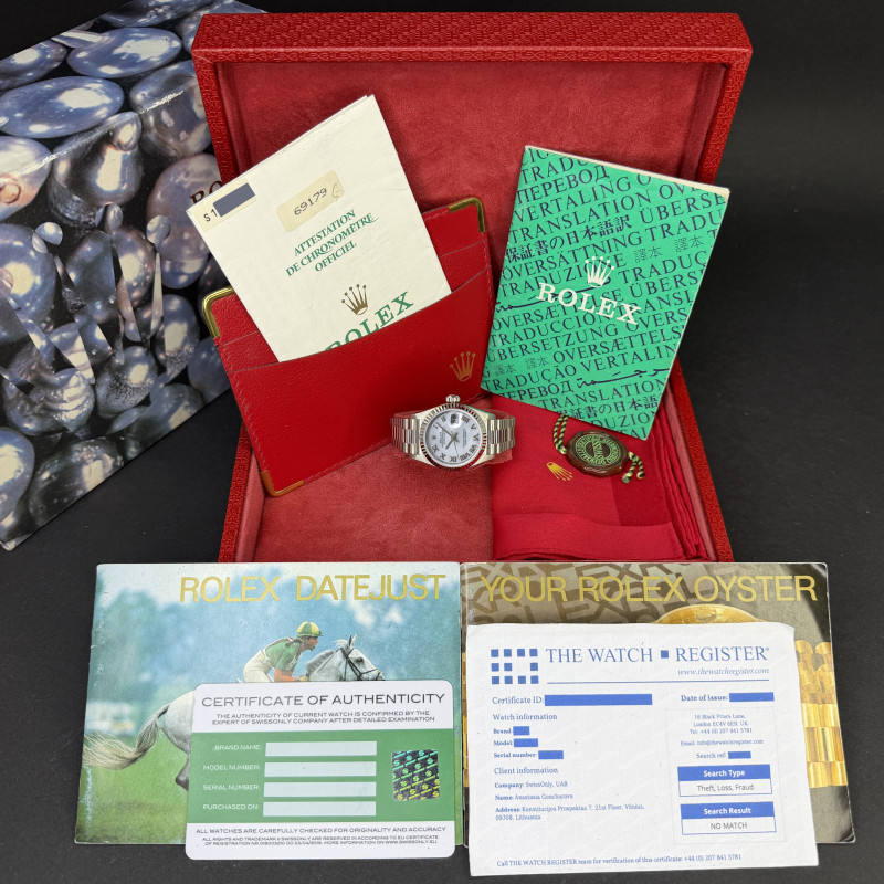 Rolex Lady Datejust, 69179, 26mm, 1993, White gold, Silver MOP Roman dial, Fullset, 1y warranty
