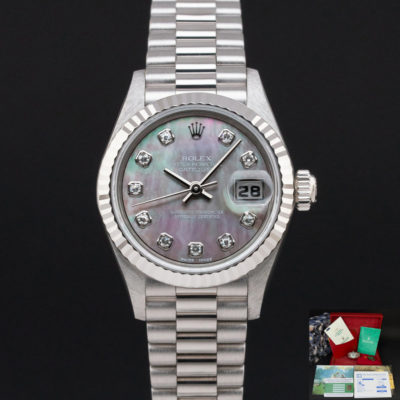 Rolex Lady Datejust, 69179, 26mm, 1996, White gold, Tahitian MOP Big Diamond dial, Fullset, 1y warranty