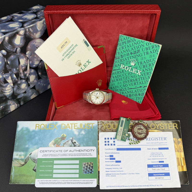 Rolex Lady Datejust, Rare TRIDOR, 69179, 26mm, 1986, Silver Small Diamond dial, Fullset, 1y warranty