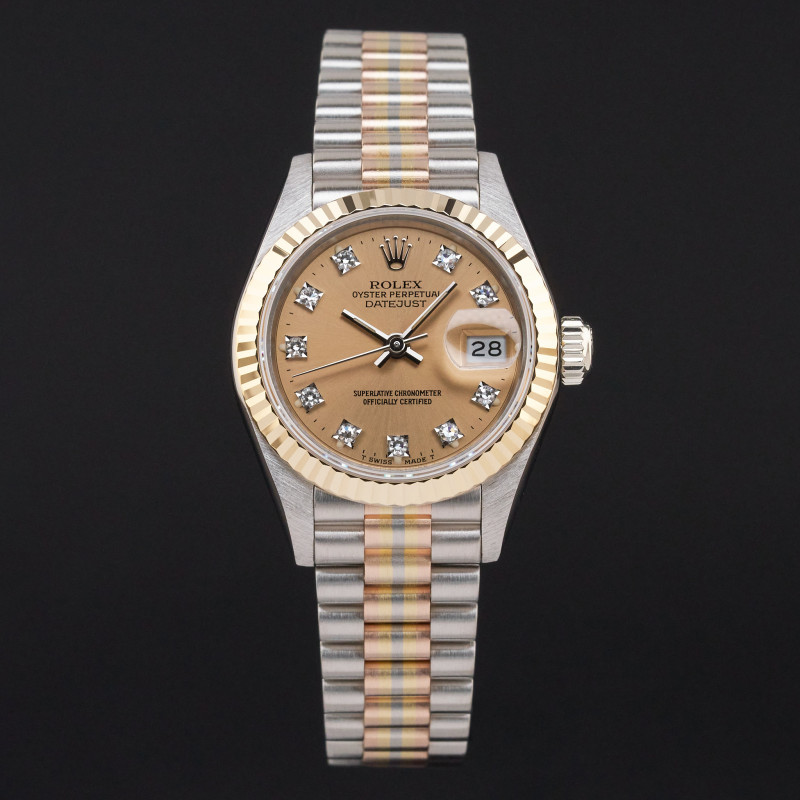 Rolex Lady Datejust, Rare TRIDOR, 69179, 26mm, 1988, Salmon Small Diamond dial, Fullset, 1y warranty