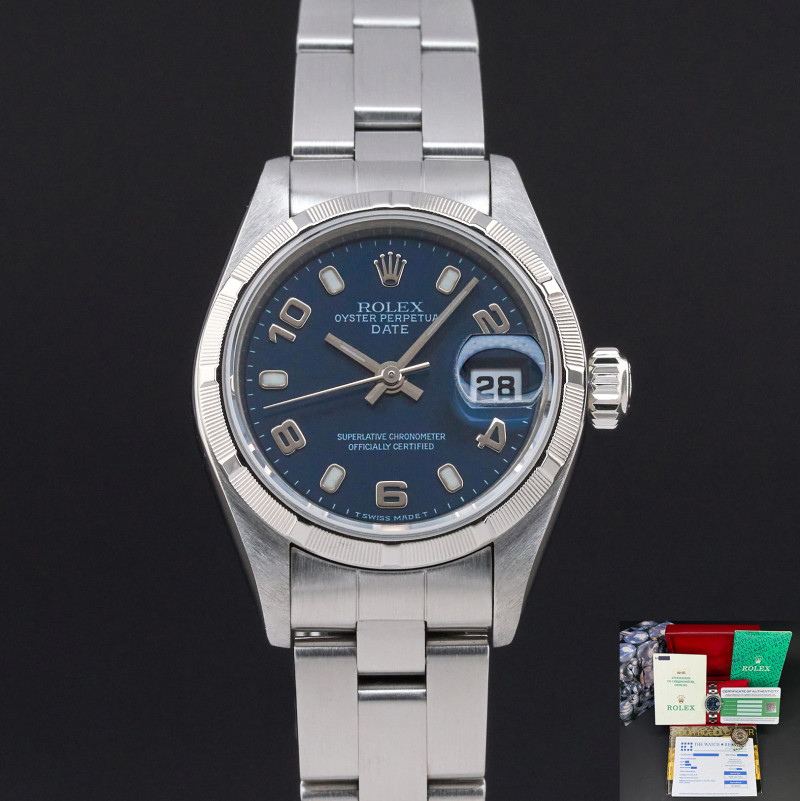 Rolex Oyster Perpetual Lady Date, 69190, 26mm, 1999, Steel, Blue Arabic dial, Fullset, 1y warranty