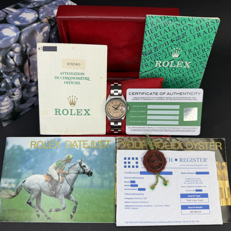 Rolex Oyster Perpetual Lady Date, 69240, 26mm, 1991, Steel, Salmon Roman dial, Fullset, 1y warranty