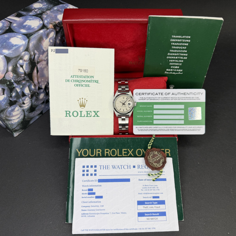 Rolex Oyster Perpetual Lady Date, 79160, 26mm, 2000, Steel, Silver Tapestry dial, Fullset, 1y warranty