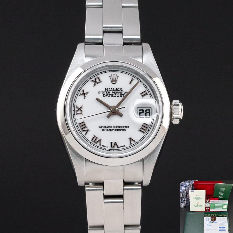 Rolex Oyster Perpetual Lady Date, 79160, 26mm, 2000, Steel, White Roman dial, Fullset, 1y warranty