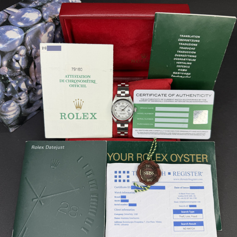 Rolex Oyster Perpetual Lady Date, 79160, 26mm, 2000, Steel, White Roman dial, Fullset, 1y warranty