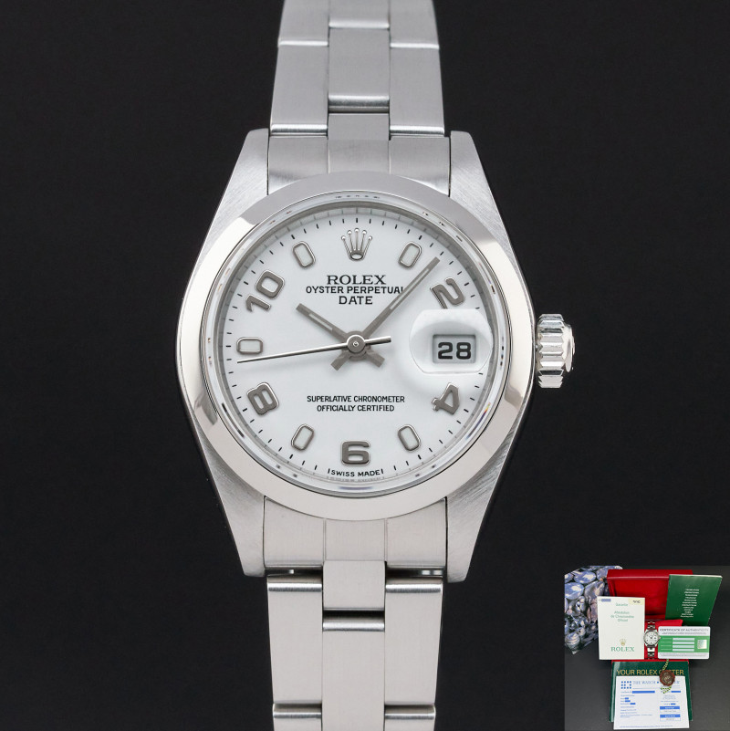 Rolex Oyster Perpetual Lady Date, 79160, 26mm, 2002, Steel, White Arabic dial, Fullset, 1y warranty