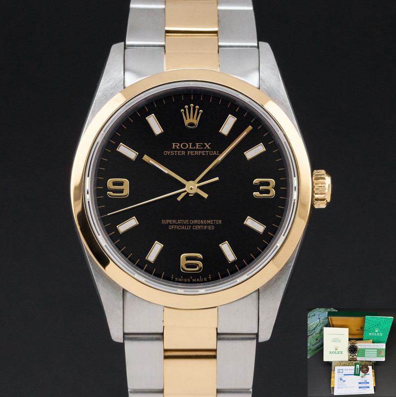 Rolex Oyster Perpetual, 14203, 34mm, 1995, Two-Tone, Black Arabic dial, Fullset, 1y warranty
